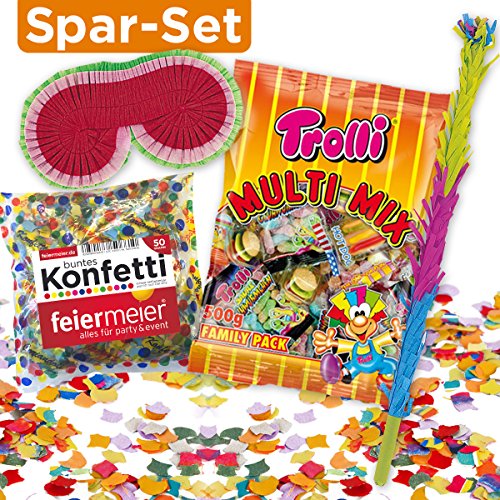 PINATA-ZUBEHÖR-SET: Pinata-Schläger + Maske + XL-Süßigkeiten-Füllung + Konfetti