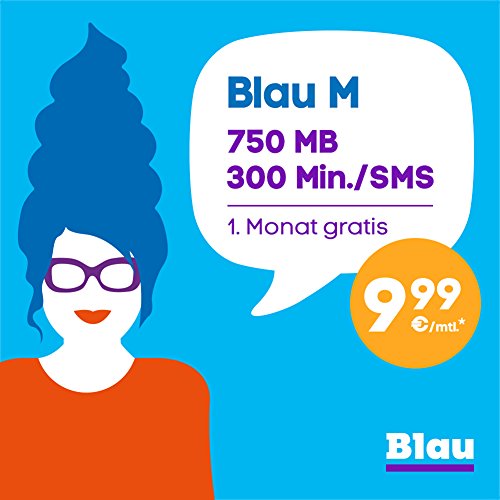 Blau M [SIM, Micro-SIM und Nano-SIM] ohne Vertragslaufzeit (300 Frei-Min./Frei-SMS in alle dt. Netze, 750 MB Surfen mit Highspeed-Internet, 9,99 Euro/Monat, 1. Monat gratis + 100MB pro Monat zusätzlich sichern*) o2 Netz