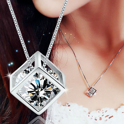Korea Damen Kristall Cube Halskette Kette Anhänger Würfel silber Strass Schmuck