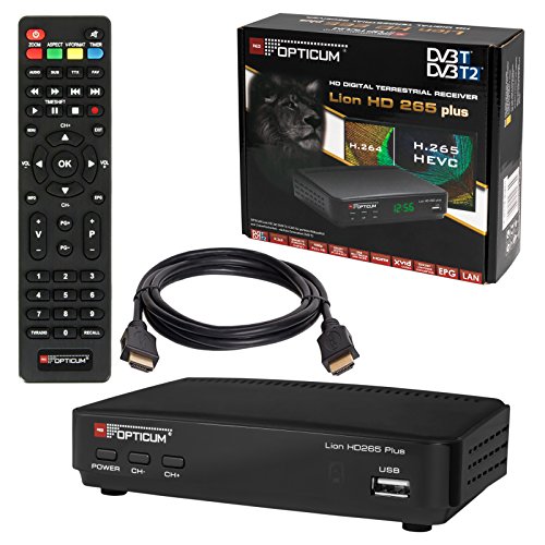 HB DIGITAL DVB-T/T2 SET: Opticum Lion HD 265 Plus HEVC DVB-T/T2 Receiver + HDMI Kabel mit Ethernet Funktion und vergoldeten Anschlüssen (Full HD, HEVC/H.265, HDTV, HDMI, USB 2.0 DVBT DVBT2 DVB-T2)