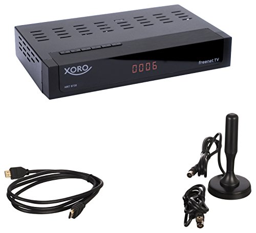 Xoro HRT 8730 KIT Full HD HEVC DVB-T/T2 Receiver (H.265, HDTV, HDMI mit Kabel, kartenloses Irdeto-Zugangssystem für Freenet TV, Mediaplayer, PVR Ready, USB 2.0, 12V, Antenne) schwarz