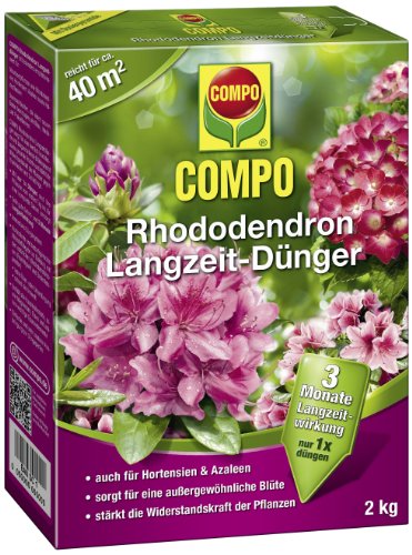 COMPO Rhododendron Langzeit-Dünger, hochwertiger Spezial-Langzeitdünger, für Rhododendren und andere Moorbeetpflanzen wie Hortensien, Azaleen und Heidepflanzen, 2 kg