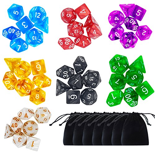Paxcoo 7 x 7 (49 Stück) Polyedrische Würfel Set mit Taschen für Dungeons und Drachen DND RPG MTG D20 D12 D10 D8 D6 D4 Tischkartenspiele