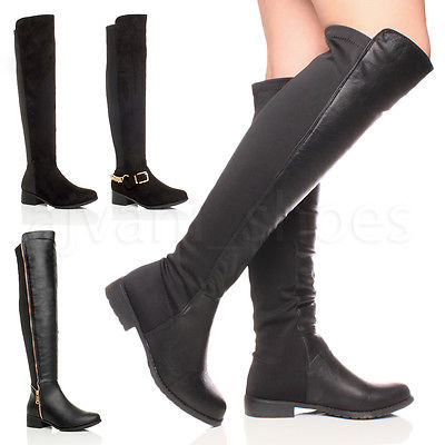 WOMENS LADIES HIGH OVER THE KNEE ELASTIC STRETCH PULL ON LOW HEEL BOOTS SIZE