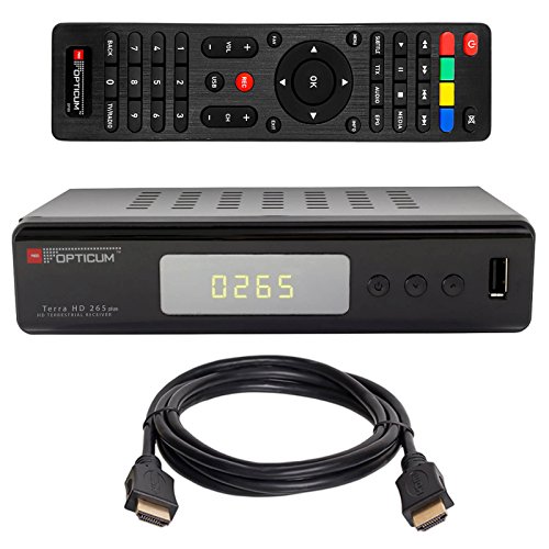 HB DIGITAL DVB-T/T2 SET: Opticum Terra HD 265 HEVC DVB-T/T2 Receiver + HDMI Kabel mit Ethernet Funktion und vergoldeten Anschlüssen (Full HD, HEVC/H.265, HDTV, HDMI, USB 2.0 DVBT DVBT2 DVB-T2)