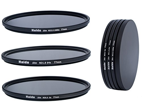 HAIDA Slim Neutral Graufilter Set 77mm bestehend aus ND8, ND64, ND1000 Filtern 77mm inkl. Stack Cap Filtercontainer + Pro Lens Cap mit Innengriff