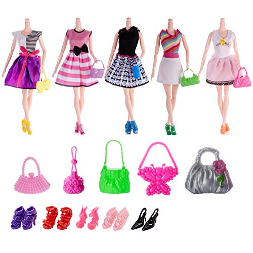 Barbie-Puppe Zusätze = 5pcs handgemachtes Hochzeits-Kleid + 10 Paare Schuhe + 10pcs Handtaschen-Schulterbeutel