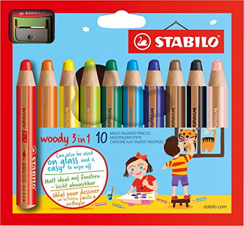 Stabilo Buntstift, Wasserfarbe und Wachsmalkreide woody (3 in 1, mit Spitzer 10 verschiedene Farben) 10er Pack