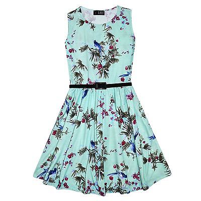 Girls Skater Dress Kids Mint Abstract Floral Print Summer Party Dresses 7-13 Yr