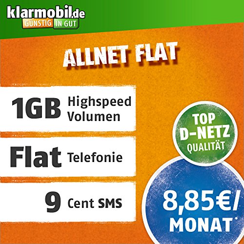 klarmobil Allnet Flat S in D-Netz Qualität (SIM, Micro-SIM und Nano-SIM, 8,85 EUR mtl., Telefonie-Flat in alle deutschen Netze, 1GB Highspeed Internet, 24 Monate Laufzeit)