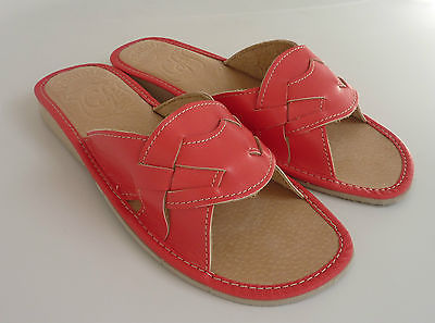 Damen Hausschuhe Pantoffeln Pantoletten rot LEDER  Gr.37-41