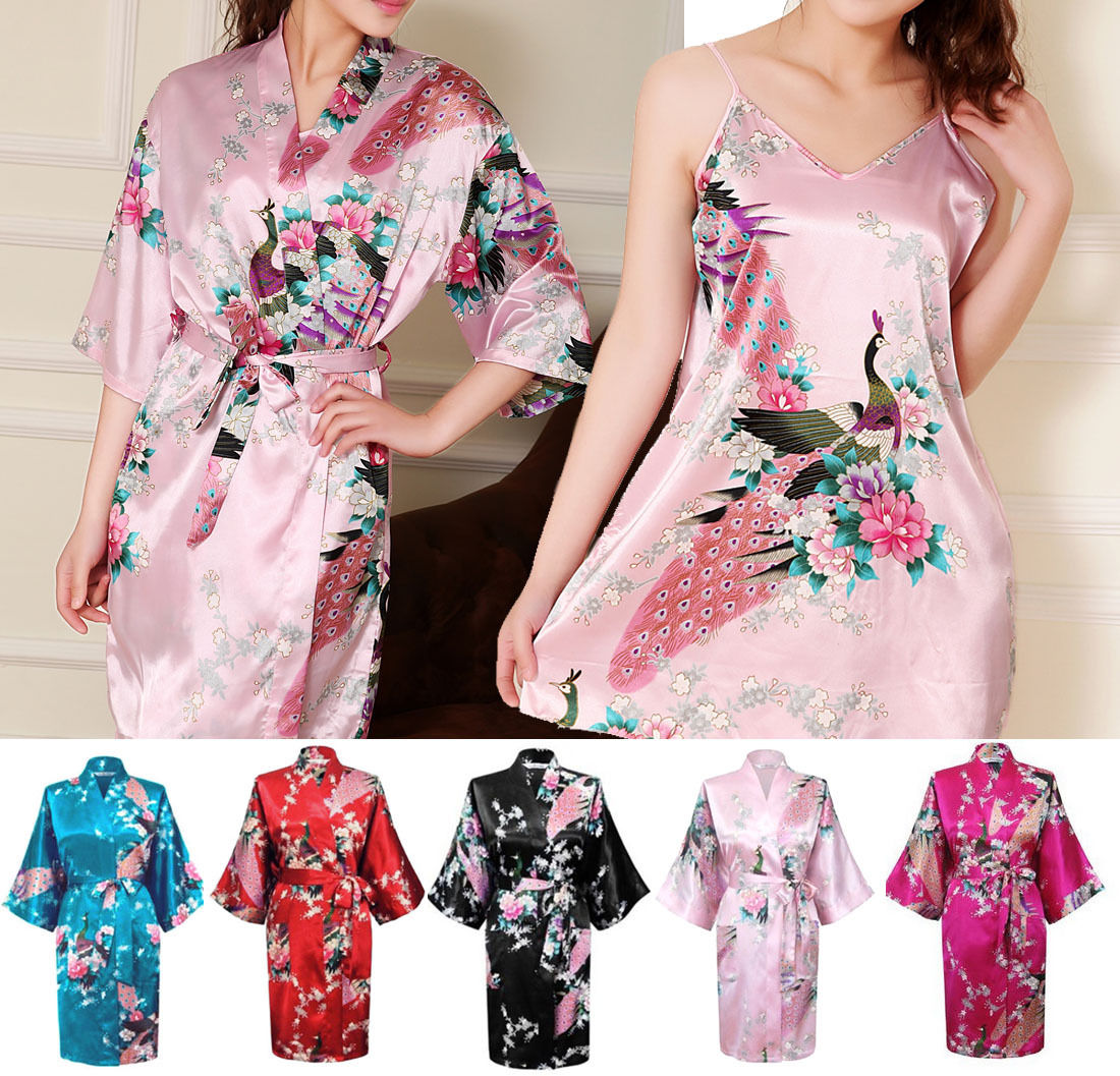Nighty + Kimono New Robe Chinese Janpanes Women Silky Bath Gown Peacock Dressing