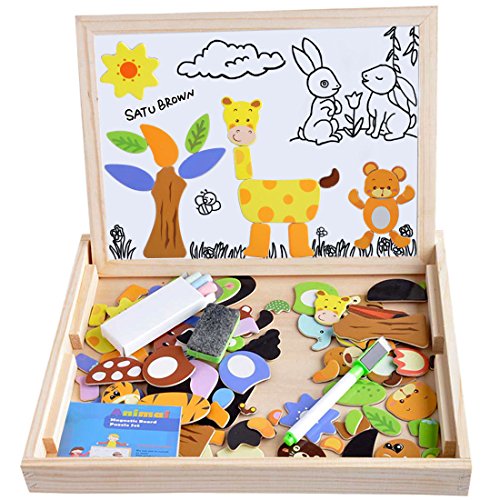 Satu Brown 100tlg Magnetisches Puzzle, Lernspielzeug Holzpuzzle mit Doppelseitigen Holzplatte und Magnetischen Tier-Teilen Lernspiel Legespiel für Kinder ab 3 Jahren