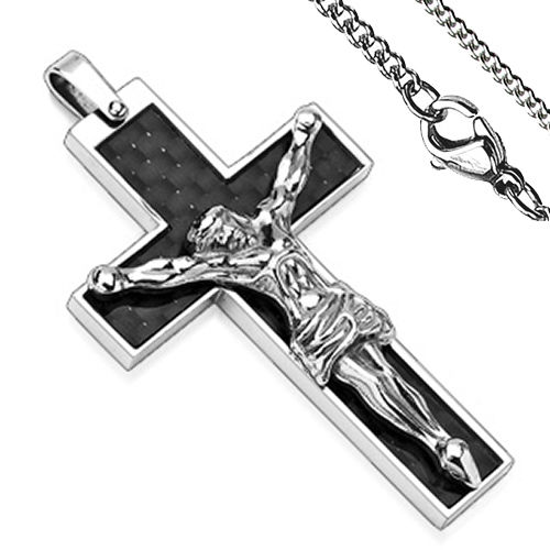 Anhänger Cross Kreuz Carbon Jesus Edelstahl schwarz silber Halskette