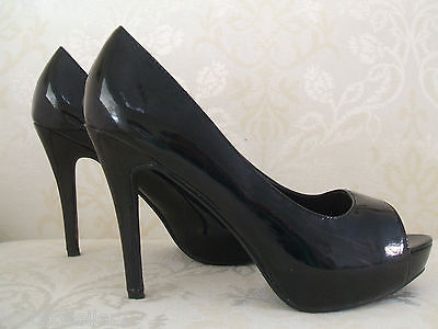 NEW Size 7 Black Patent High Heel Peep Toe Court Shoes FROM QUEEN OF THE CATWALK