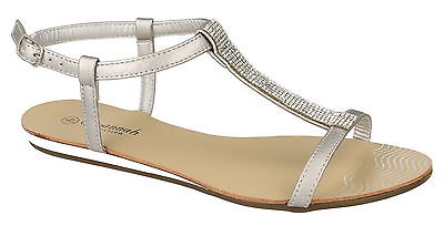 Savannah Ladies Flat Strappy Dressy Summer Silver Sandals with Diamante Trim