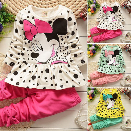 Kinder Mädchen Gepunktet Minnie Mouse Jumper Kleid Tops Hose Kombinationen Sets
