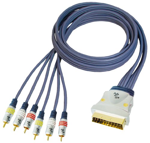 All4u BBV 56 Videokabel (Scartstecker - 6x Cinchstecker, Flachkabeltyp, verchromter Vollmetallstecker) 10 m blau