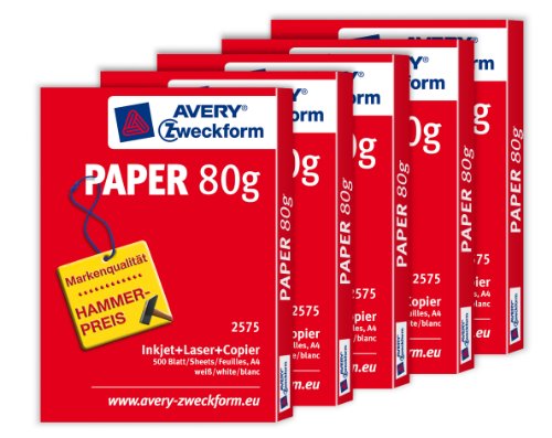 Avery Zweckform 2575 Drucker- und Kopierpapier A4, 80 g/m², 5 x 500 Blatt, alle Drucker, weiß