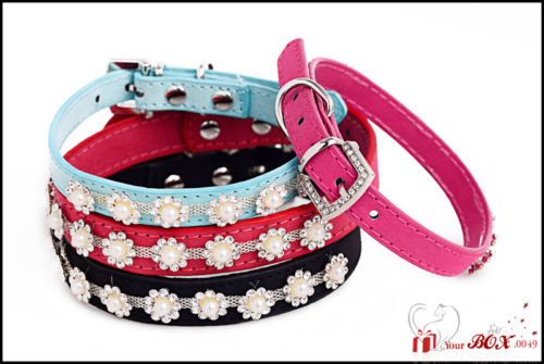 Lederhalsband Hundehalsband Halsbänder aus PU Leder mit Strasssteine,Weiß Perlen