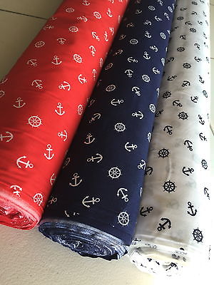 PolyCotton Fabric Ankers Anchors Wheels Red White and Blue Navy Nautical Ocean 