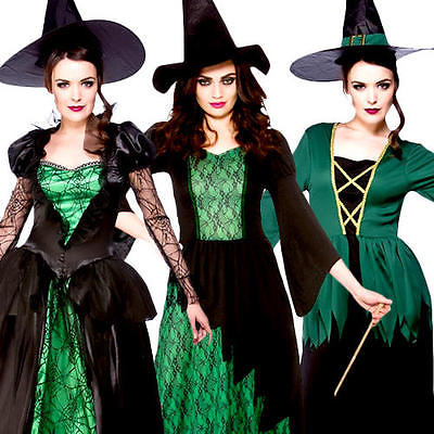 Green Witches Women Fancy Dress Halloween Fairytale Creepy Spooky Scary Costumes
