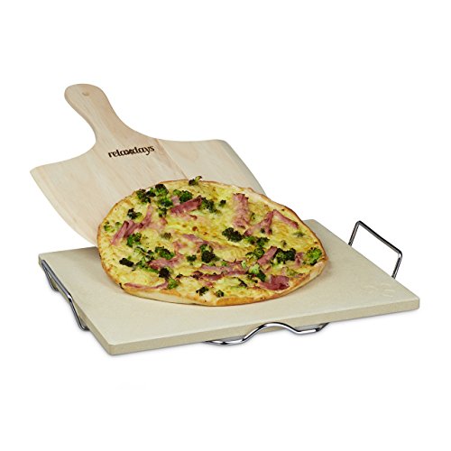 Relaxdays Pizzastein Set 1,5 cm Stärke mit Metallhalter und Pizzaschieber aus Holz HBT 7 x 43 x 31,5 cm rechteckiger Brotbackstein für Pizza und Flammkuchen mit Pizzaschaufel für Pizzaofen, natur