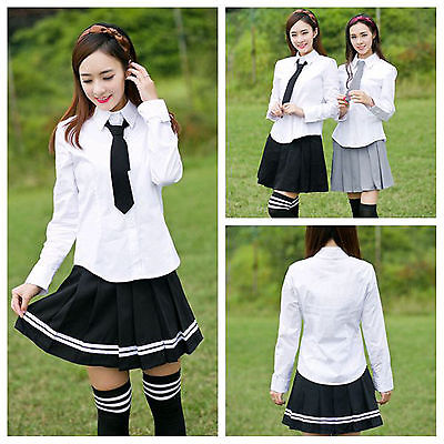 Girls School Costume Cosplay Kostüm Student Uniform White Bluse+Rock+Krawatte