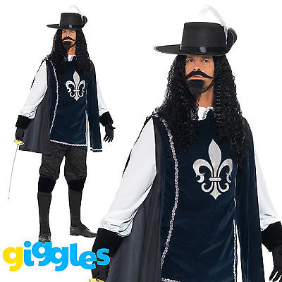 Adult Mens Musketeer Costume French Medieval Knight Fancy Dress Outfit & Hat