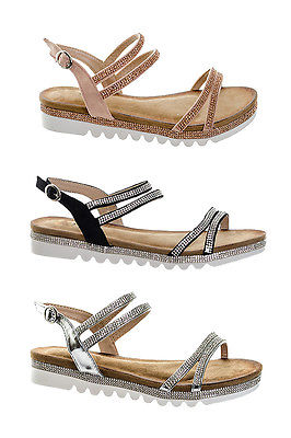 Women’s Diamante Sparkly Strappy Flat Sandals Ladies Comfy Occasion Summer Party
