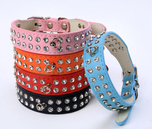 Halsband Hundehalsbänder Lederhalsband 2 Linie Strass Diamant Leder Metallring