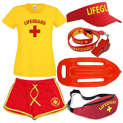 Womens 'Lifeguard +' Costume Fancy Dress Set: Ladies T-Shirt, Shorts + Options