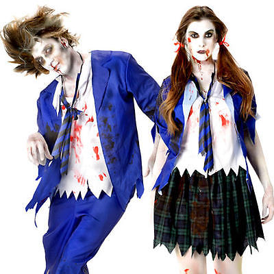 Undead Zombie School Girl or Boy Halloween Fancy Dress Gorey Adults Costumes New
