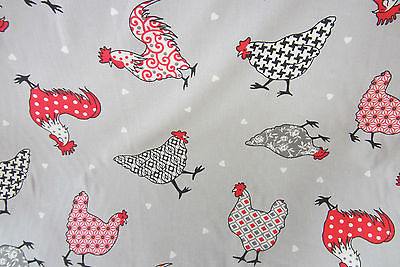 Funky Hens & Hearts Cotton Curtain/Craft Fabric Grey Sample or Metre