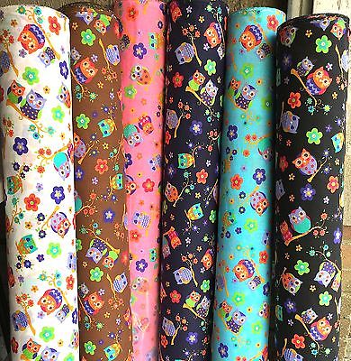 PolyCotton Fabric Floral Country Owls Bird Blue White Brown Pink Black Turquoise