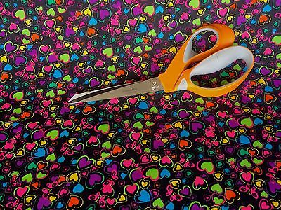 Crazy Colourful Funky Hearts Butterflies Black Polycotton Fabric Per Metre 