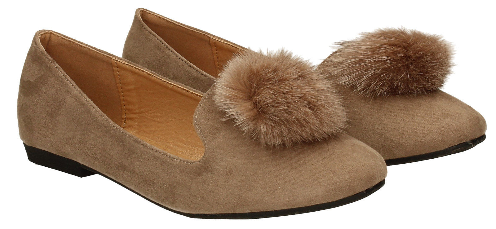 Womens Fur Ball Pom Pom Flat Shoes Suede Slip on Brown Ballet Pumps Ladies Shoes