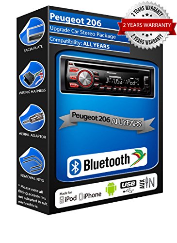Pioneer DEH-4700BT Stereoanlage für Peugeot 206, USB, CD, MP3, AUX, Bluetooth-Set