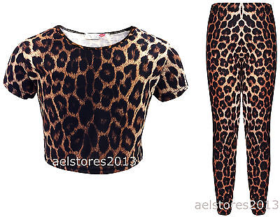 Neue Mädchen-Leopard-Druck-Crop Top T-Shirt Gamaschen Alter Größe 7 11 13 Jahre