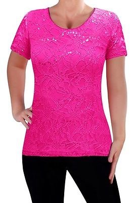 Womens Floral Lace Short Sleeve Scoop Neck Ladies Blouse Skinny Fit Tunic Top