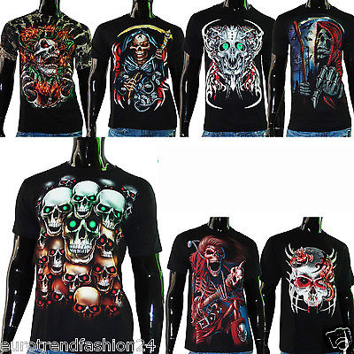 Neu T-Shirt Herren Gothic Jungs Print Hemd Shirt Totenkopf Biker Skelet Spiral  