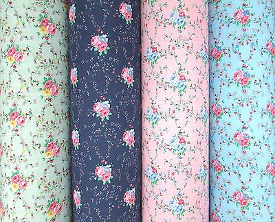 Floral PolyCotton Fabric  - Vintage Traditional Blooming Roses - Blue Pink Mint 