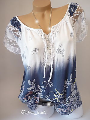 Italy Vintage Blumen Bluse Sommer Shirt Top Tunika Lagenlook*Weiss Blau*38 40 42