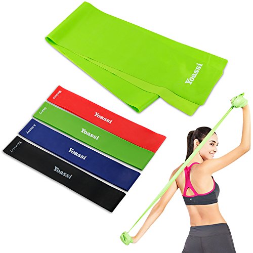 Yoassi Fitnessband 150 × 15 cm mit 4er-Set Widerstand-Bänder 30 × 5 cm in 4 Zugkraftstärken Trainingsbänder aus 100% Naturlatex