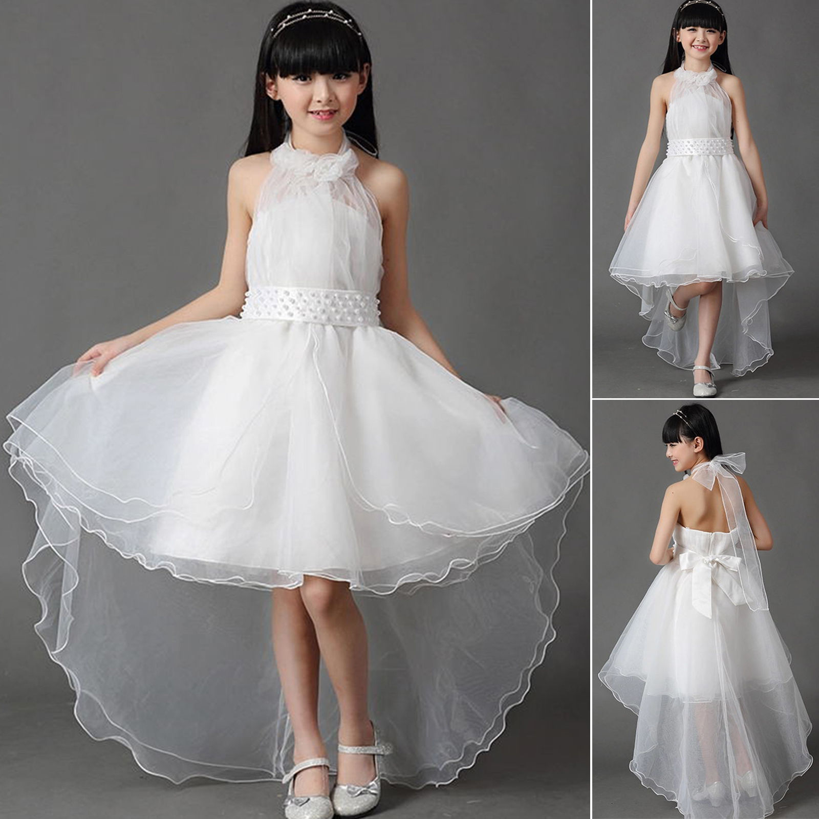 Girls White Flower Bridesmaid Party Wedding Pearl Dress Kids Dresse Age 2-13Year
