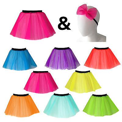 Ladies NEON TUTU and HAIR BOW 1980S costume HEN PARTY OUTFIT fancy dress UK MADE
