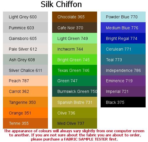 100% Silk Chiffon(4x5cm sample colour testers & per metre purchasing)Ltd Edition