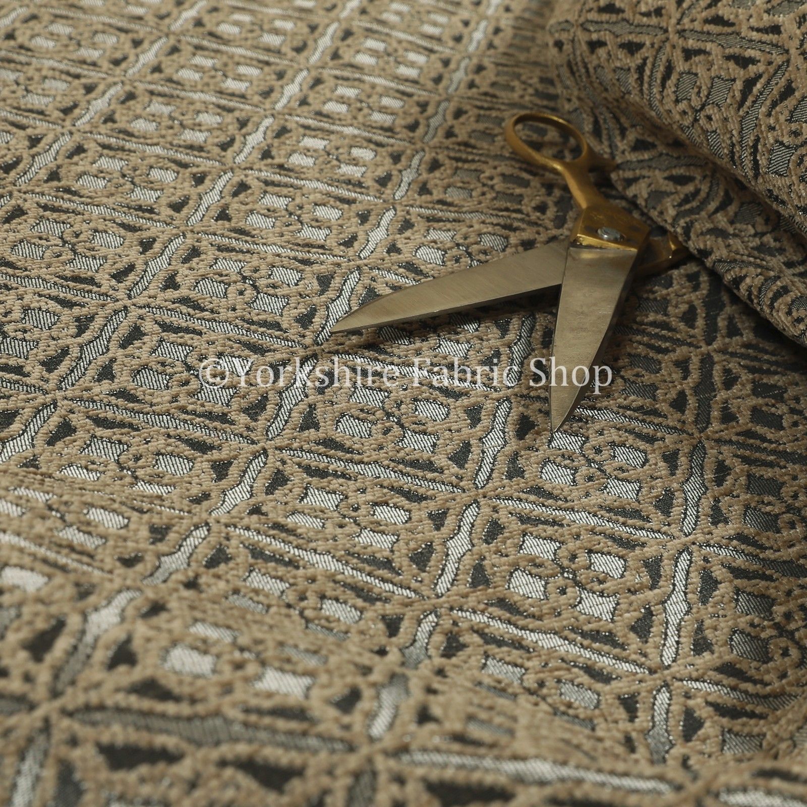 New Modern Small Medallion Geometric Pattern Grey Silver Shine Upholstery Fabric
