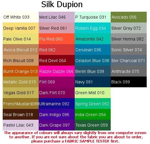 Pure Silk Dupion, (4x5cm sample colour testers & per meter purchasing) 