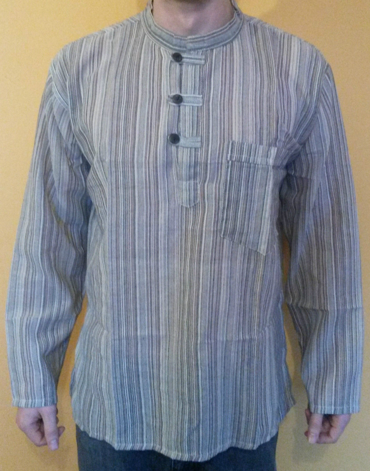 Long Sleeved Stripped Collarless Grandad Kurta Shirts 100% Cotton - M L XL XXL  